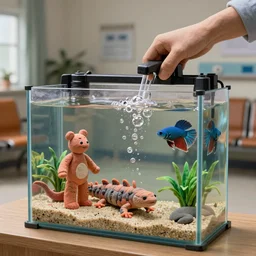 fish tank in hospital waiting room. newt. plasticine model in water. figures clay. tilt shift. clay figure. surreal. tropical fish tank with sand. strange lighting. weird. bubbles form pump hands. tank. siamese fighting fish. aquatic photography. photorealistic. waiting room