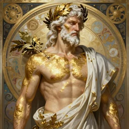 portrait of rugged zeus with streaks of gold body paint, laurels greek god [ white hair ] muscular masculine manly mature rugged powerful handsome flowing robe fantasy intricate elegant detailed digital painting concept art artstation sharp focus illustration art by greg rutkowski alphonse mucha