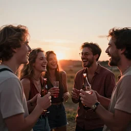 a bill. a bong. a group of friends. enjoying themselves and laughing it up. sun set. red accents.