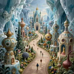 beguiling epic stunning beautiful insanely detailed matte painting of an impossible path winding through arctic dream worlds with surreal architecture designed by heironymous bosch, structures inspired by heironymous bosch's garden of earthly delights, vast surreal ice interiors by cyril rolando and asher durand and natalie shau, masterpiece, imaginative, whimsical, great composition, sense of awe, intricate details