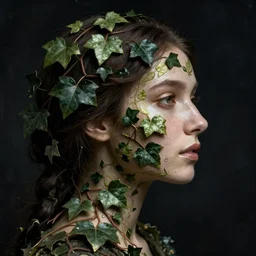 a woman's face in profile, made of intricate decorative ivy, in the style of the dutch masters and gregory crewdson, dark and moody