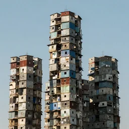 close - up towers made up of makeshift squatter shacks with faded colours, plain uniform light blue sky, dystopia, mamiya, very detailed, ultra sharp, photographed by john chiara