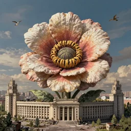 colossal grotesque flower made from unfulfilled communist dreams in the middle of abandoned post soviet constructivist cityscape, Stalinist architecture, ultradetailed, Intricate by Hayao Miyazaki and Josan Gonzalez and Makoto Shinkai and Giuseppe Arcimboldo and Wes Anderson
