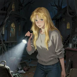 portrait of a blonde woman with a flashlight exploring a spooky haunted house, long hair, sweater and jeans, clutter, film still, finely detailed features, digital painting, tankobon, painted by ilya kushinov makoto shinkai takashi takeuchi studio ghibli, akihiko yoshida