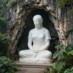 high quality beauty statue sitting at the entrance of a huge cave in the middle of a forrest, highly detailed, cinematic smooth, stephen shore & john j. park, soft morning light, wide shot, high angle, uhd 8 k, deep focus