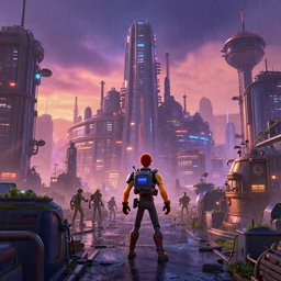 a film still from sony pictures animation by alberto mielgo, an industrial planet city, vibrant, 5 0 mm lens, video game character and environment design, behance hd, studio, urban patrol, evening, dramatic lighting, misty and raining, cinematic, global illumination, trending on artstation, bloom