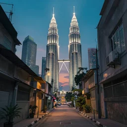 backlane alley with kuala lumpur twin towers in the background, evening, highly detailed matte painting, studio ghibli, artstation