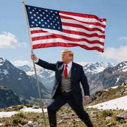 Donald Trump holding the American flag, as Napoleon Crossing the Alps