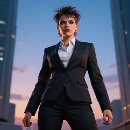 beautiful punk warrior woman in business suit, low camera angle, intimidating pose, concept art, high definition details, symmetrical, twilight lighting, volumetric lighting, trending on art station