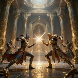 fantasy sci fi characters fight in ancient temple, action scene, 8 k, lumen reflections, sharpened, insanely detailed and intricate, hypermaximalist, elegant, ornate, hyper realistic, super detailed, digital art