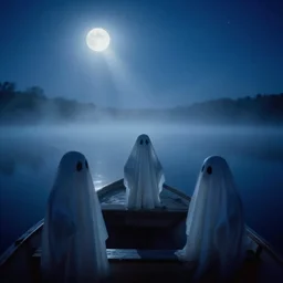 close - up, ghosts, ghosts on boat on the middle of lake, very fog, moon rays through the fog, night sky, light blue stars, deep blue mood, old photo, photorealistic, blur
