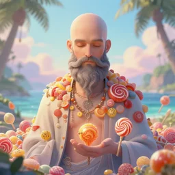 balded man, beard, paradise, hell, candies, serene, divine, magical, artstation