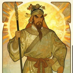 portrait of a brave tribal king in ancient china with huge sun burning in background, by alphonse mucha