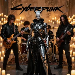 cyberpunk black metal band, guitarists, bassist, drummer, vocalist, all black cyberpunk clothes, robotic prosthetic limbs, dermal implants, cyborg satan, futuristic, realistic, promo photograph, epk, wall full of candles, high quality, highly detailed