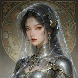 beautiful Chinese female in futuristic mecha with transparent plastic hood, intricate, elegant, highly detailed, digital painting, artstation, concept art, smooth, sharp focus, illustration, art by artgerm and greg rutkowski and alphonse mucha