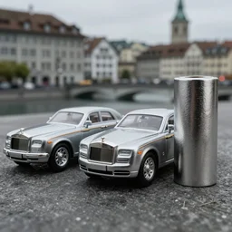3 5 mm photo of metallic 9 9 rolls - royce boat tail, like die cast 1 / 6 4 model with a zurich as background, epic cinematic, epic lighting