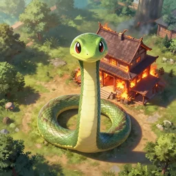 digital art drone view of the great serpent standing in front of burning house looking at camera by celebi