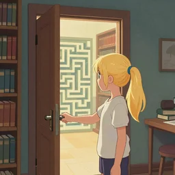 a blonde girl wort ponytail opening a door that leads to a library in dorm of a maze. Digital art. Cover for a webcomics