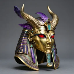 fantasy helmet egyptian skeksis plate metal red eyes horns feathers brass gold purple steel wicked helm