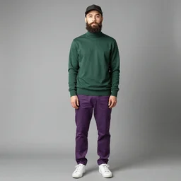 a young man with a chin - style dark brown beard without mustache in a dark black cap, green turtleneck, purple pants and super white sneakers in full height, perfect face, without mustache, mark vanderloo face