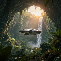 a distant scifi flying car floating in a prehistoric jungle cave, lush flora, waterfall, sunset, hazy, volumetric lighting, rtx on, photorealistic render, great composition, very detailed
