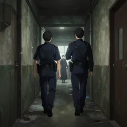 two policemen following a mage down a narrow dilapidated building hallway, dark lighting, long shot, low angle shot, yoh yoshinari anime, background by greg rutkowski