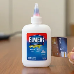 a bottle of elmers glue holding a credit card