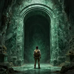 concept art, an explorer looking up up at a giant arched doorway to creepy underground tunnel made of green marble, beautiful matte painting, ultra detailed, 8 k render