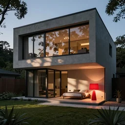 a photo of a modern house, with red lamp and a bed