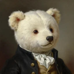 head and shoulders portrait painting of a white teddy bear wearing a colonial outfit looking off camera, a character portrait, american romanticism, oil on canvas, diffused lighting