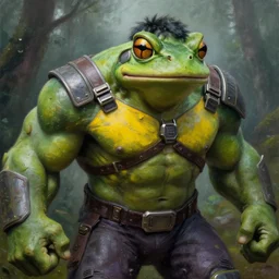 macro medium close up shot, rugged anthropomorphic muscular!!!!!!!!! oversized!!!!!!!! hulked!!!! frog as oversized green armored barbarian armored hunter with yellow chest wearing war soldier uniform sci - fi armor in deep forest, foggy, oil painting by frazetta by greg rutkowski by frazetta y louie travis