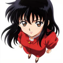 anime girl with a detailed face and black hair in a red outfit, full body, trending, low angle, worms eye view, illustration,