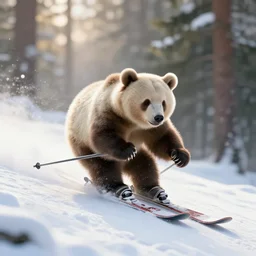 a bear skiing down hill through a forest. the bear is a cute humanoid fluffy cub, light rays are shining through the trees above, beautiful light. trending on artstation 4 k award in winning artwork. vivid colors. detailed painting. kids book illustration.