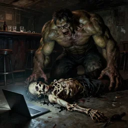 screencap from award winning indie psychological thriller, dark trash filled basement, concrete floor, light illuminating from laptop, withered boney husk with black liquid spilling from mouth lays on floor, disturbing, ominous, lynchian  painting by phil hale of a screaming, brutish, ogre-ish jon taffer!!! in a bar, broken glasses and drinks in the background, hulkish, towering, distressing, hd, high quality, visible texture and brush strokes