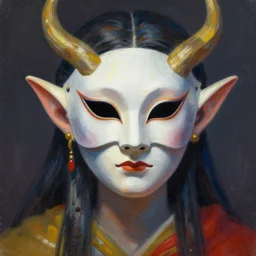 elven masked deity. this air brush painting by an indie artist has an interesting color scheme, plenty of details and impeccable lighting.