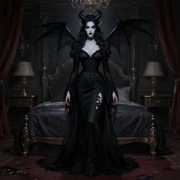 gorgeoustaissa farmiga evil demon, torn black dress, full body shot, spooky, illustration, symmetrical face realistic eyes, cinematic lighting, artgerm, hyperdetailed, charlie bowater, peter mohrbacher, beautiful, elegant, dark bedroom