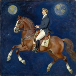 An impressionist oil painting of Carl Bildt riding a horse in space