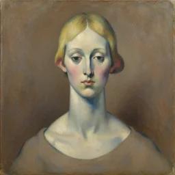 expressive distorted bust portrait of a woman with long neck, big ears and a small head, short blonde hair, brown and blue palette, oil painting, impasto, muted colors, artwork by arnold bocklin, james jean, jenny saville