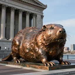 Colossal neoclassical copper sculpture of a beaver, on Liberty Island, New York Harbour