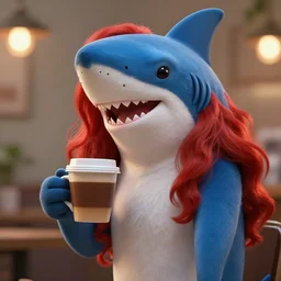 female anthropomorphic blue shark with red hair holding a cup of coffee, cinematic lighting, hyper detailed, digital art, furry art style