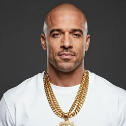 a photograph of joe rogan as mr. t wearing many gold chains
