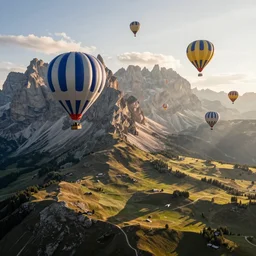 sky parade of colorful zeppelins and balloons flying over swirling dolomites, birds eye view, casting shadows, light rays