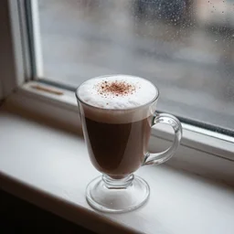 hot chocolate next to a window on a rainy day, sharp focus