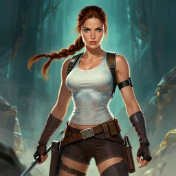 denise richards! as lara croft, fantasy art, in the style of artgerm, illustration, epic, fantasy, intricate, hyper detailed, artstation, concept art, smooth, sharp focus, unreal engine, vibrant, photorealistic, simon bisley
