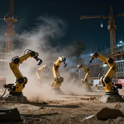 group of humanoid robots working at construction site. there is dust blowing all around, dramatic lighting, night, long shot, cinematic