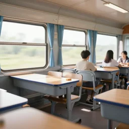 a train classroom, trending on artstation, bright light, mixed media, octane rendering