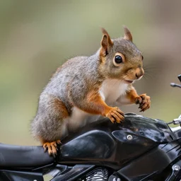 photoshot squirrel on motorcycle, hyperrealism, close - up photoshot