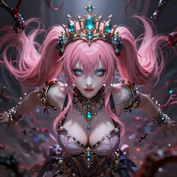 completely controlled by her ultimate powers and trapped beneath an overwhelming stunningly absurdly beautiful megalomaniacal ruthless sadistic devious spiteful grandiose egotistical omnipotent asi goddess junko enoshima with symmetrical perfect face, porcelain skin, pink twintail hair, cyan eyes and a stupendous bejeweled crown, ultra detailed, digital art, unreal engine 5, octane render, 2 d anime, 8 k