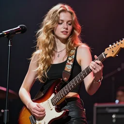 rockstar caucasian girl playing electric guitar on stage. by amano yoshitaka, by rembrandt, digital art, digital painting, artstation trending, unreal engine