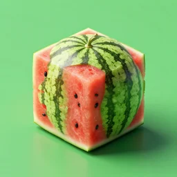studio shot of a cube that looks like a watermelon, isometric perspective, green background, product shot, 8 k octane render, surreal, ultra - detailed, beautiful, masterpiece